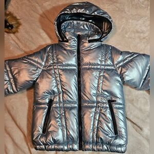 Steve Madden Blue Metallic Puffer Jacket faux fur girls size 7/8